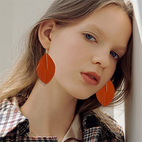 Minimalist Handmade Lightweight Large Soft Faux Leather Fringe Feather Dangle Drop Earrings Bohemian Huge Leaf Hook Earrings with Bar for Women - color: Orange