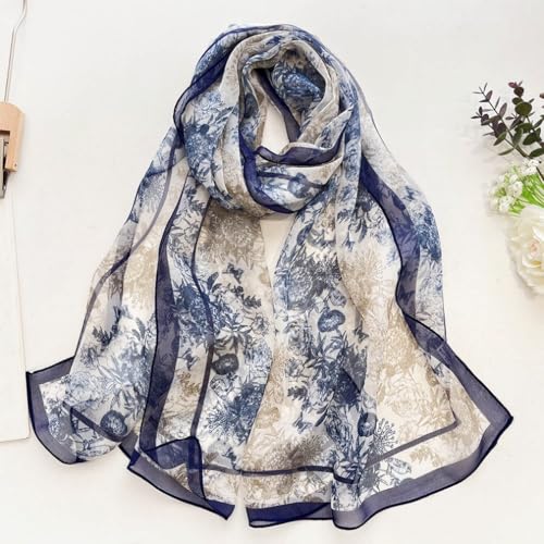 MINIDORA Lightweight Scarves for Women Elegant Floral Pattern Scarf Shawls Sunscreen Head Shawls - color: Style 14-navy Blue