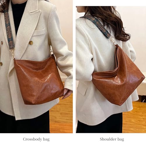 Hobo Bags for Women Crossbody Bag Guitar Strap Purse Vegan Leather Shoulder Handbags Boho Purses Tote Bucket Bag - color: Brown