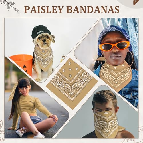 12 Pack Bandanas Unisex Paisley Cowboy Bandanas Bulk Multi Purpose Headband Scarf for Men Women Costume - color: Tan, style: Classic
