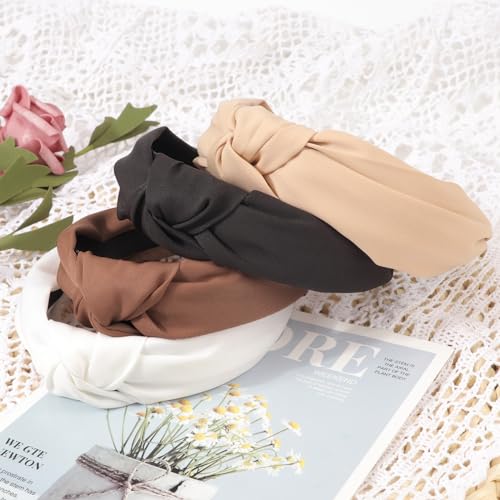 DRESHOW Knotted Headbands, Women Non Slip Fashion Headbands, Solid Boho Wide Top Knot Hair Hoops, 4 Pcs Set, for Women Girls Hairbands Hair Accessories - color: 4 Pcs: Black, Khaki, Coffee, White