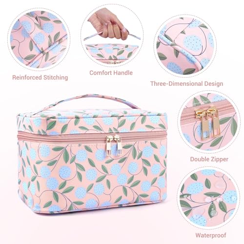 MAANGE Travel Makeup Bag, Cosmetic Bag, Portable Large Capacity Makeup Case, Make Up Organizer For Women, Oxford Cloth Toiletry Bag With Handle (Pink Plants) - color: 1 Piece-Large