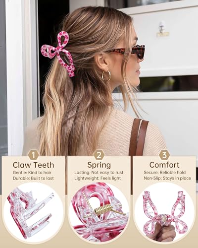 Mesovor 4 Pack Elegant Bow Hair Claw Clips, Nonslip 4.3" Large Hair Grip Hairclips for Thin and Thick | Acrylic Hair Strong Hold Hair Jaw Clamps (Pink Leopard, Brown Leopard) - color: Pink Leopard, Brown Leopard