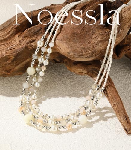 Noessla Beaded Statement Necklaces for Women Layered Chunky Bead Necklace Fashion Costume Jewelry Gifts for Mom - color: Beige