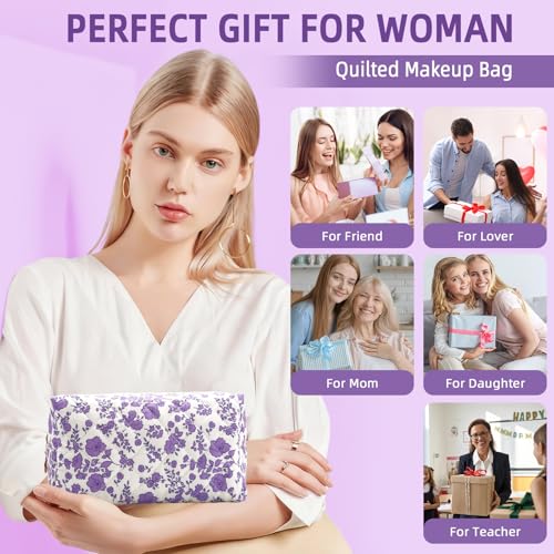 Small Makeup Bag Quilted Cosmetic Bag Floral Travel Toiletry Bags for Women Cute Pencil Case Quilted Makeup Pouch Aesthetic Coquette Cosmetic Pouch Cotton Make Up Bags Cute Zipper Pouches Purple - color: Ad-purple floer