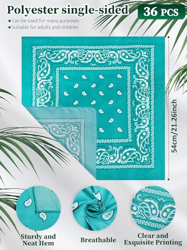 Unittype 36 Pieces Paisley Bandana Cowboy Bandanas Sports Novelty Headband Square Scarf Outdoor for Western Party Costume - color: Teal Color, style: Simple Style