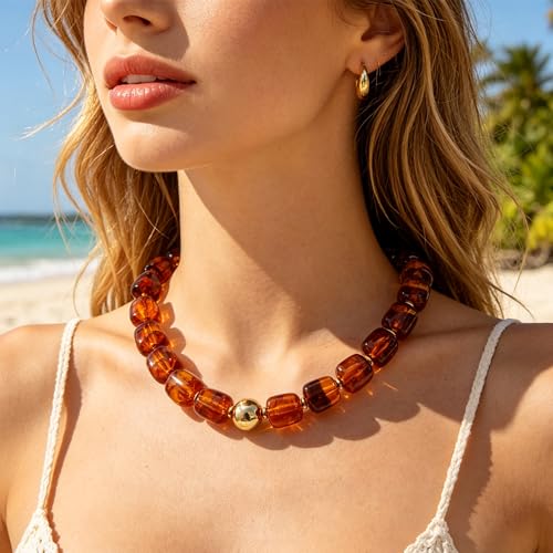 Chunky Beaded Necklace for Women Boho Colorful Statement Choker Necklaces Summer Beach Resin Jewelry Accessories - color: Light Brown