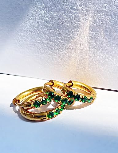 316L Surgical Stainless Steel Huggie Hoop Earrings with Cubic Zirconia, 10G 12G 14G 8-20mm Cartilage Lobe Earrings, 14G Piercing Jewelry - style: 10G 8mm Gold with Green CZ
