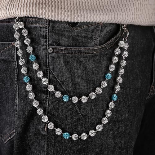 Rhinestone Ball Jeans Chain, Double Layer Crystal Waist Chain, Silver & Blue Sparkly Bling Pants Chain, Hip Hop Belt Chain Accessories for Women Men, Y2K Punk Aesthetic for Party, Festival, Everyday Wear - color: Blue