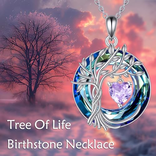 POPLYKE Mothers Day Gifts for Mom Her Wife Tree of Life Necklace 925 Sterling Silver Birthstone Pendant with Crystal Anniversary Birthday Wedding Jewelry for Women - color: 06-Jun-Alexandrite, style: White Gold Plated-Blue Crystal