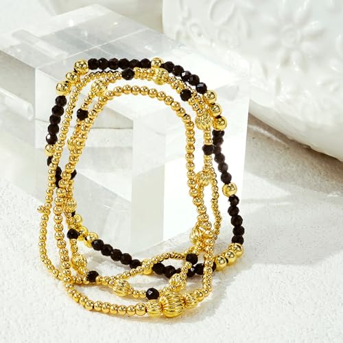 Dainty 14K Gold Lantern Beaded Bracelets Stack for Women,4PCS Colorful Glass Beads Stretch Stackable Bracelets Set Fashion Prom Jewelry Gift Friendship - color: Black