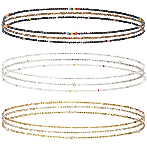 Kigeli 9 Pack Waist Bead Chains for Women Stretchy African Belly Chain Stomach Beads Body Bikini Jewelry (Clear, Black, Gold)