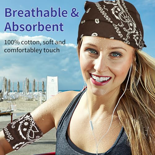 6 Pack Pure Cotton Bandana, Multi-Purpose Square Handkerchief, Face Mask headband for Men and Women - color: Brown