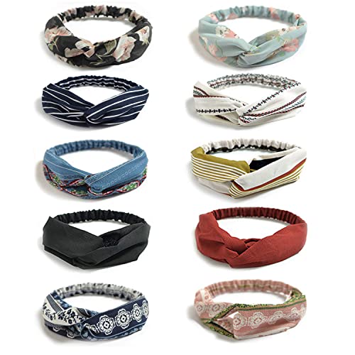 DRESHOW 10 Pack Boho Headbands for Women Vintage Cross Elastic Head Wrap Hair Accessories - color: 10 Pack C: Flower Printed Series VI