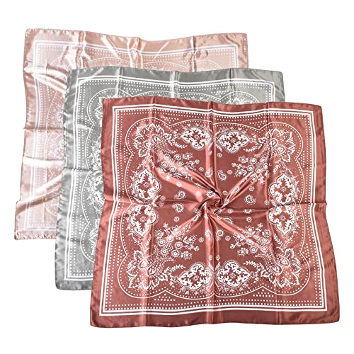 35 x 35 Women's Fashion Pattern Large Square Silk Like Hair Scarf Head Sleeping Wrap Satin Neck Bandana for Gift… - color: Brown Pink Green - Retro - 3pcs