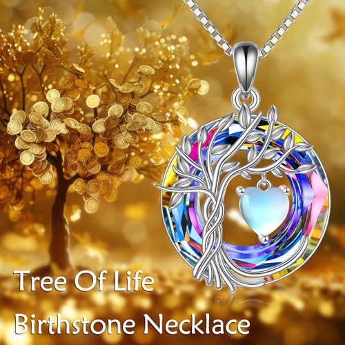 POPLYKE Mothers Day Gifts for Mom Her Wife Tree of Life Necklace 925 Sterling Silver Birthstone Pendant with Crystal Anniversary Birthday Wedding Jewelry for Women - color: 06-Jun-Moonstone, style: White Gold Plated-Volcano Crystal