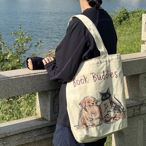 Canvas Tote Bag with Zipper for Women, Aesthetic Tote Bag with Pocket for Vacation, Shopping, Travel, Beach - style: Book Buddies