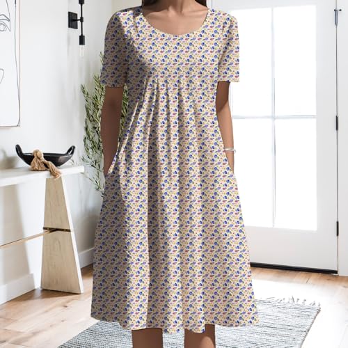 Midi Dress for Women Boho Floral Pattern Short Sleeve Crew Neck Vacation Beach Sundress Lightweight Comfy - color: Beige Blue White, size: Small
