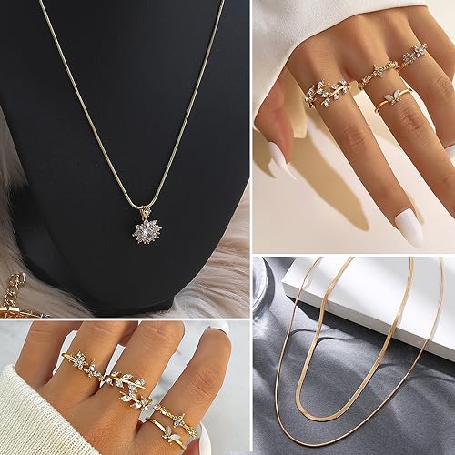 KISS WIFE Golden Jewelry Set for Women with Multi Layered Necklaces, Stackable Bracelets, Knuckle Rings, Hoop Earrings, Fashion Outfit Accessories Jewelry Packs Gifts for Women - style: Style 4