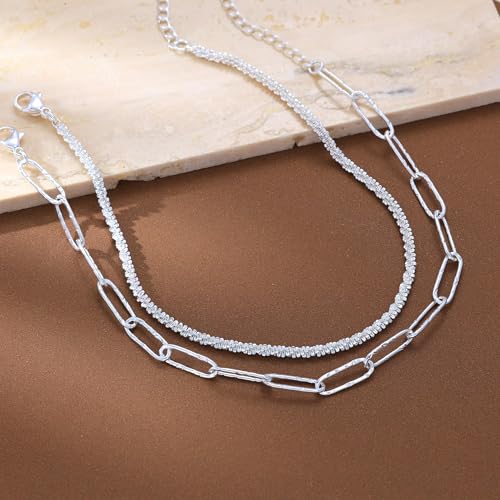 Freekiss Sterling Silver Ankle Bracelets for Women: Dainty Layered Waterproof Anklet for Women Adjustable Womens Anklet Set Stackable Figaro Beaded Cuban Link Anklets Beach Jewelry for Women - color: 2 Layered Anklet Paperclip-SL