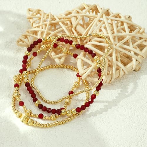 Dainty 14K Gold Lantern Beaded Bracelets Stack for Women,4PCS Colorful Glass Beads Stretch Stackable Bracelets Set Fashion Prom Jewelry Gift Friendship - color: Red