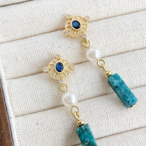 Boho Earrings for Women Natural Stone Beaded Handmade Vintage Dangle Earrings Bohemian Lightweight Hypoallergenic Jewelry for Dailywear Festival Occasions - color: light blue boho