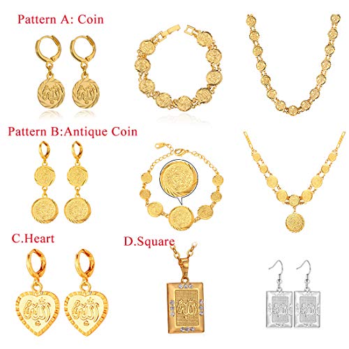 U7 Allah Necklace for Women/Men, 18K Gold Plated Square/Oval/Coin/Heart/Crescent Moon Islamic Pendant Necklace Muslim Jewelry with Chain - color: 07.Heart Necklace+Earrings Gold