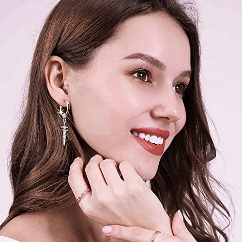 Sword Drop Dangle Small Hoop Earrings for Women Men Stainless Steel Engrave Dagger Halloween Statement Charms Drop Dangling Hoops Cuff Cartilage Wrap Vintage Punk Pray Jewelry - color: Silver