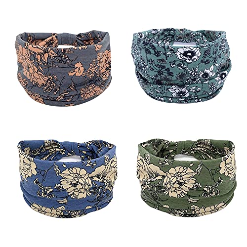 YONUF Wide Boho Headbands for Women Fashion Knotted Headband Yoga Workout Hair Accessories African Head Wrap 4 Pack - color: Flower Print