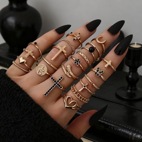 Gold Rings for Women Non Tarnish Stackable Rhinestone Moon Star Rings Dainty Stacking Pearl Butterfly Midi Pinky Thumb Joint Finger Knuckle Ring Set Gold Non Tarnish Jewelry Gifts Trendy Stuff - color: J Gold Stackable Rings 22Pcs