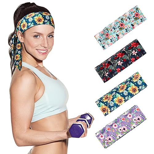 Jutom 4 Pieces Tie Headbands for Men Women Sports Bandana Hair Band Camo Headbands Elastic Sweat Wicking Karate Adjustable Non Slip Hairband for Yoga Workout Running - color: Vibrant Color