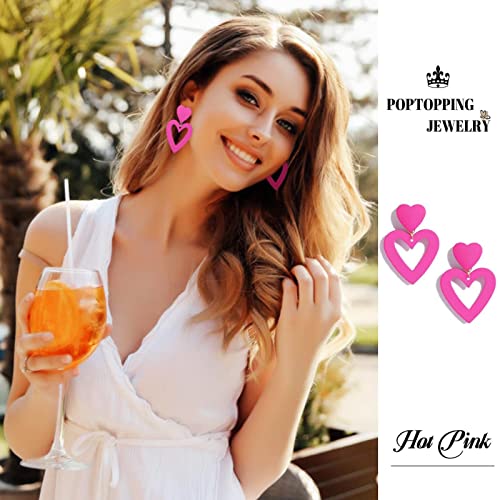 Double Heart Earrings Dangling Heart Drop Earrings For Women Love Heart Dangle Earrings Birthday Gift - color: Hot Pink