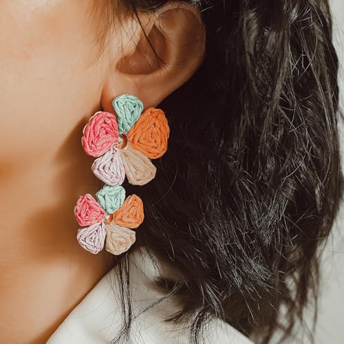 Boho Flower Earrings Statement Raffia Dangle Earrings Cute Floral Jewelry Trendy Summer Beach Vacation Outfits for Women - color: Colorful