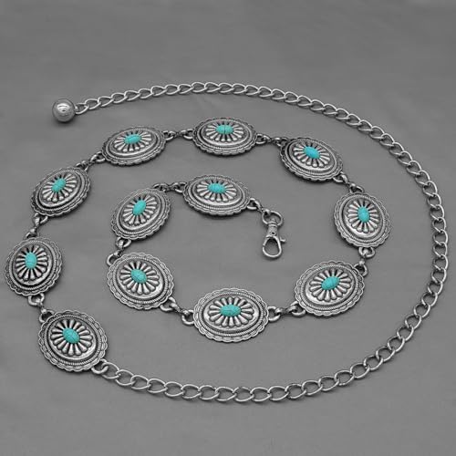 Women's Concho Chain Belt Western Cowgirl Metal Waist Chain Belt for Dress - color: B Silver, size: S: 41.3 in