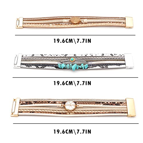 Leather Wrap Bracelet Set 3Pack Wrist Cuff Bracelet for Women Multilayer Magnetic Clasp Bracelet Feather Tree Bead Crystal Bracelet - color: Turquoise Pearl