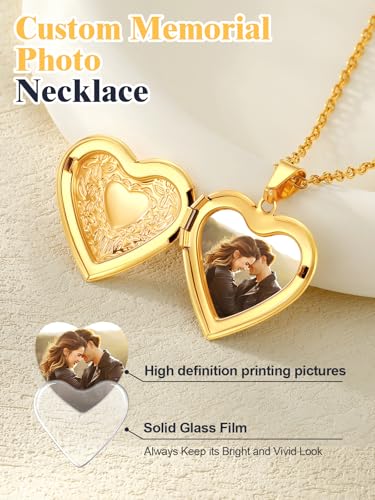 U7 Women Locket Necklace Platinum 14K Gold Photo Lockets that Hold Picture,Chain 20 Inch Personalized Gift Custom Love Heart Image Necklaces - color: gold