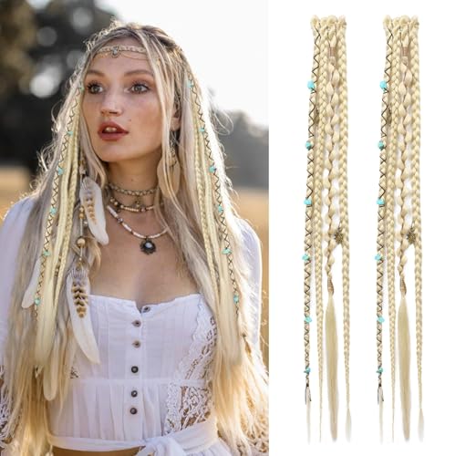 REECHO Clip in Braid Hair Extensions for Women, 16" Boho Dreadlock Clip in Braids with Beads & Charms, 2PCS Handmade Synthetic Braided Hairpieces for Cosplay Daily Styling, Light Blonde - color: Light Blonde, size: 16 Inch