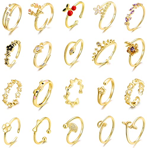 TAMHOO 20 Pcs Adjustable Rings Set for Women - Finger Rings Pack Stackable Rings for Teens- Cute Rings for Teen Girls -in Gold and Silver Tone - color: #3-Golden