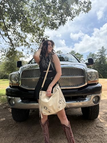 Wrangler Large Hobo Purses and Handbags for Women with Buckle and Fringe Zipper Faux Suede Shoulder Bag - color: Beige