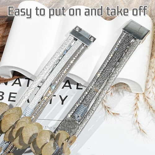 2Pcs Boho Bracelets Woven Leather Multi-Layer Wrap Crystal Bead Bracelet Inlaid Rhinestone Stackable Fashion Women Bracelet Jewelry (Gray + Silver)