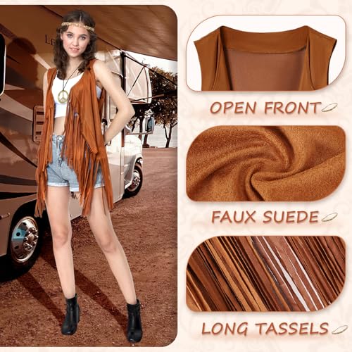 60s 70s Outfits for Women Hippie Costume Clothes Set 70s Costume Tops Women Fringe Hippie Vest for Halloween - color: Khaki Vest, size: X-Large