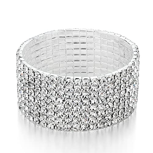 Zealmer Sparkle Multicolor Rhinestone Stackable Stretch Bracelets for Women - color: 8 Row Silver Medium Size
