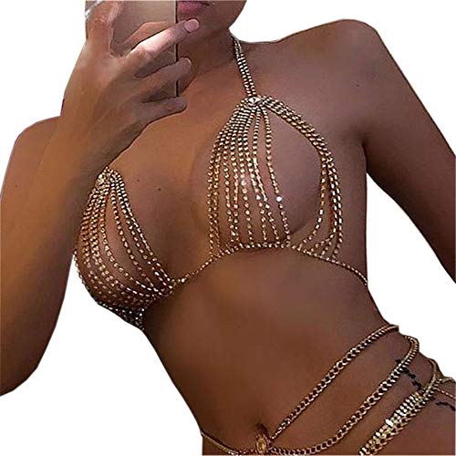 Sexy Bling Rhinstone Bra Body Chain Rhinstone Underwear Bra Harness Crystal Body Chain Jewelry Bikini Crystal Bralette Underwea for Women - color: Gold