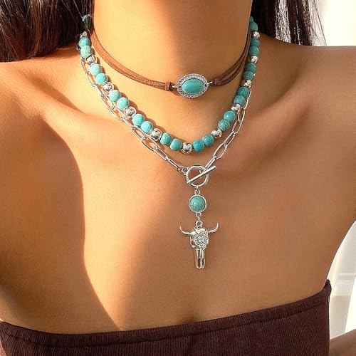 GIGB PBDK Boho Western Necklaces for Women,Turquoise Beaded Layered Necklaces Vintage Cow Cactus Pendant Choker Necklace Set,Cowgirl Jewelry Accessories Gifts - style: A1