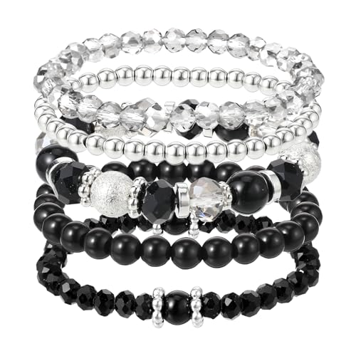 5PCS Beaded Stretch Bracelet Stackable Stylish Beaded Bracelets for Women Crystal Bead Boho Stretch Layering Stone Bracelets Trendy Costume Jewelry Gift Multilayered Disco Ball Faceted Bracelet - color: Black, Silver