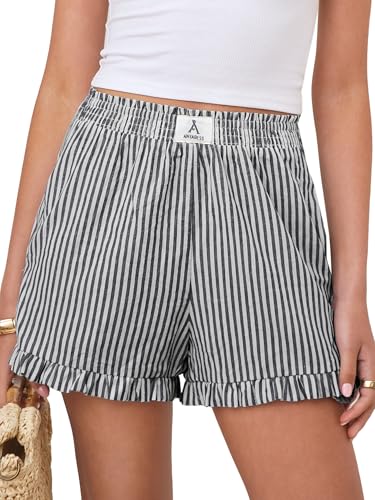 ANRABESS Boxer Shorts for Women,Gingham Plaid Elastic Waist Ruffle,Perfect for Lounge,Pajama&Sleep,Cute Casual Summer Bottoms - color: Black White Stripe, size: Medium