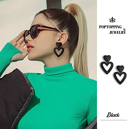 Double Heart Earrings Dangling Heart Drop Earrings For Women Love Heart Dangle Earrings Birthday Gift - color: Black