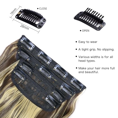 Clip in Synthetic Hair Extensions Long Wavy 4PCS Thick Hairpieces Blonde Highlighted Medium Brown Fiber Double Weft Natural Hair Extensions 20 Inch for Women (4pcs, 20Inch, 86H10#) - color: 86H10-Blonde Highlighted Medium Brown
