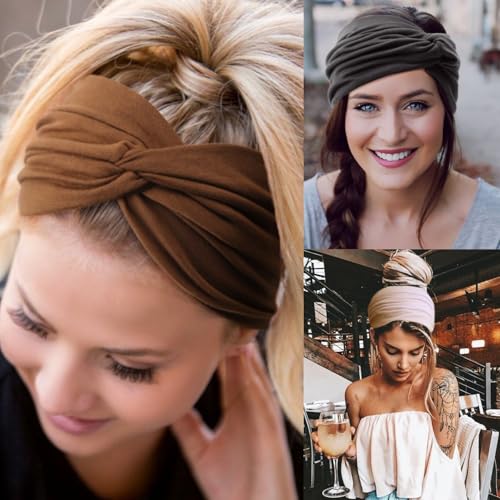 DRESHOW 6 Pack Extra Wide Headbands for Women Large Turban Headband Boho Head Wrap Elastic Hairbands Hair Twisted Knot Hair Accessories - color: 6 Pcs: Solid Color C
