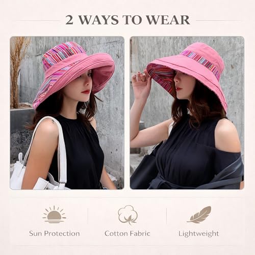 Wide Brim Sun Hat for Women Reversible Beach Hats Metal Wired Edge Gardening Hats, UPF 50+ Bucket Summer Hat - color: Pink Boho-style